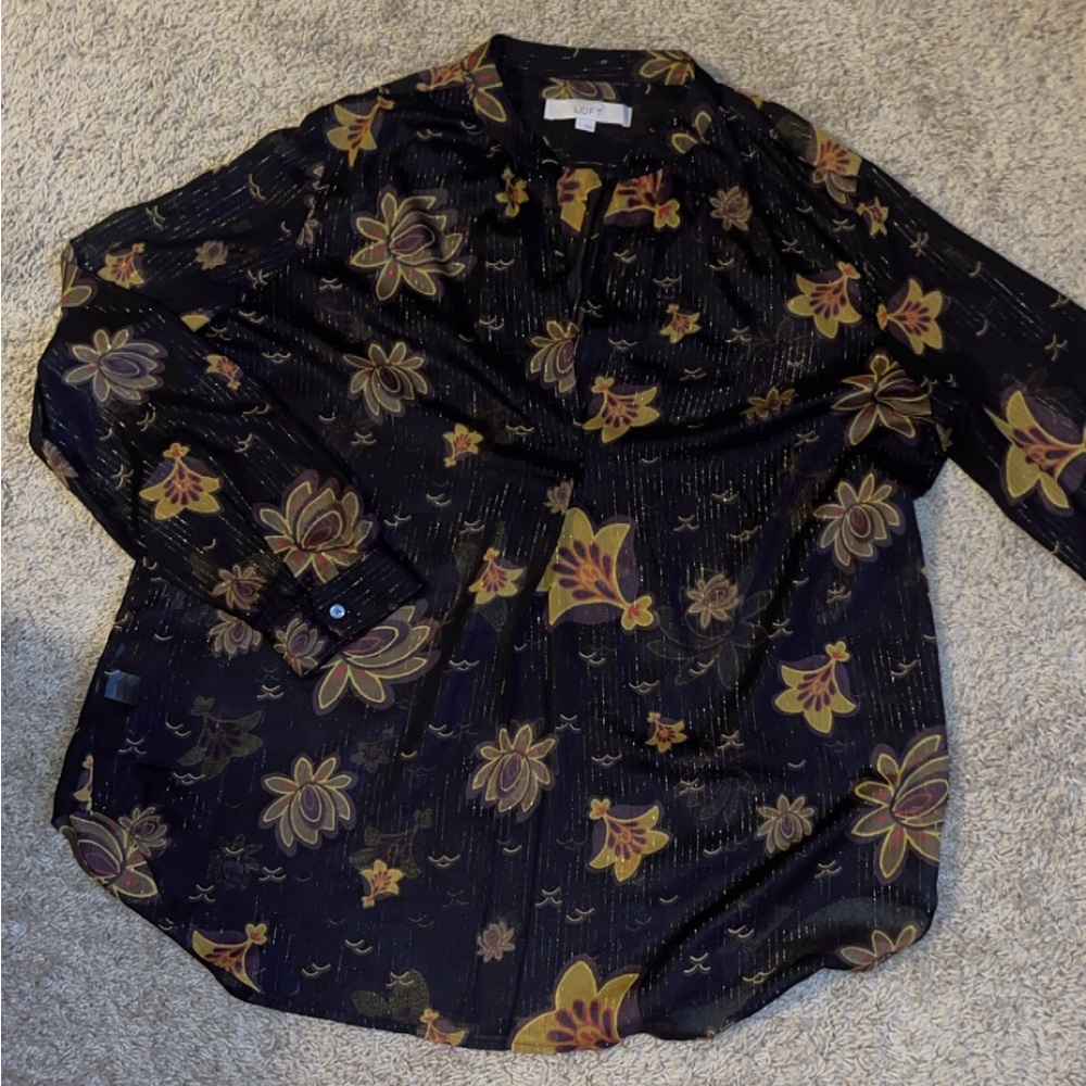 LOFT Black Blouse with Purple and Yellow Floral Design with faint gold stripes.